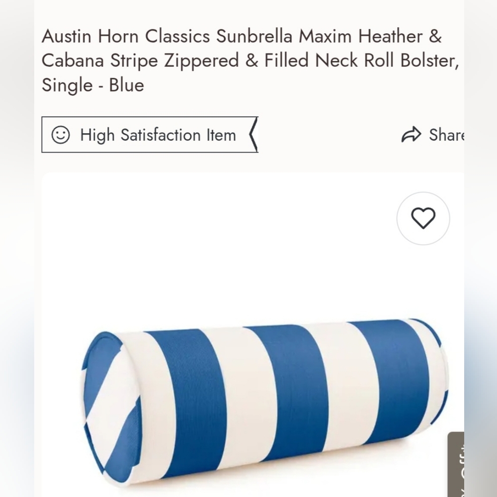 New Outdoor Sunbrella Neck Roll Bolster Pillow Water Resistant Blue & White - Picture 14 of 16